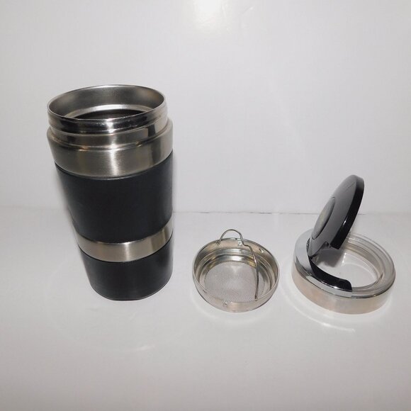 TEAOPIA Stainless Steel Black Silver Infuser Travel Teal Tumbler w Leaf Storage - Picture 1 of 8